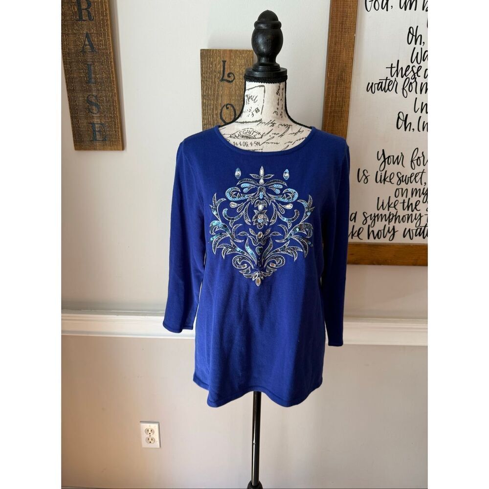 Victor Costa Women's Knit 3/4 Sleeve Embroidered Sequin Sweater Royal Blue Small